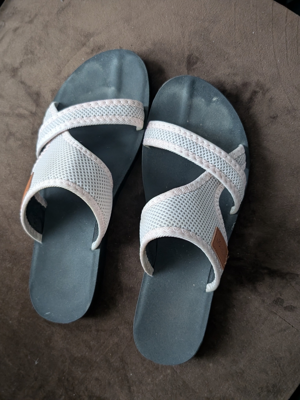 Gray Slide Sandals with Light Coral/Pink Mesh Straps